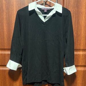 Gloria Vanderbilt Black V-Neck Shirt with White Collar & Cuffs